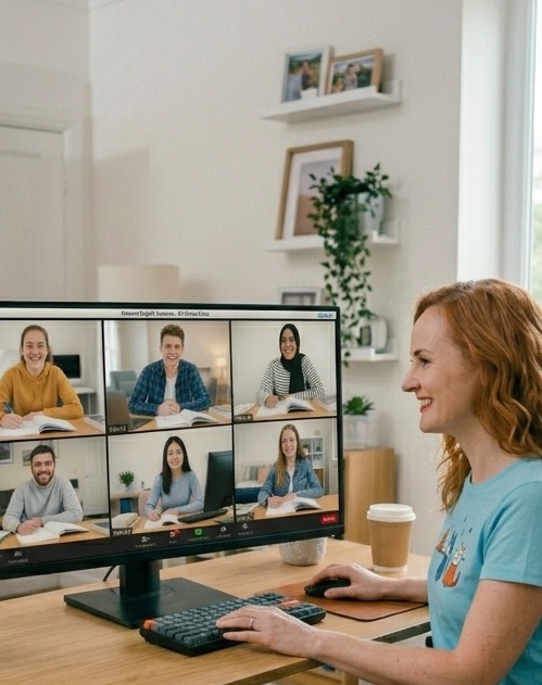 Katrine teaching a live online English class