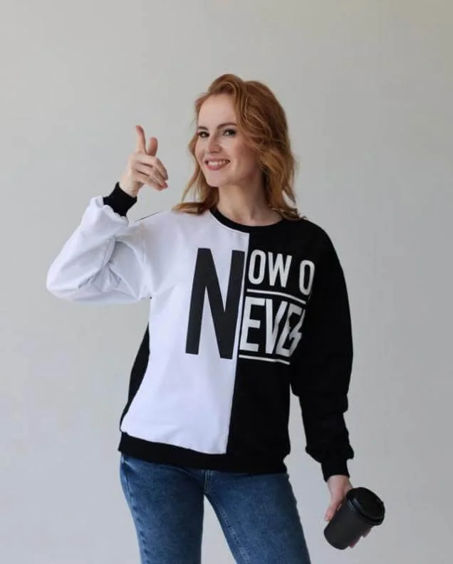 Katrine Wyld in a “Now or Never” sweatshirt