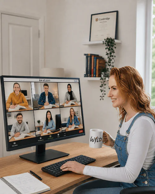 Katrine teaching a live online English class