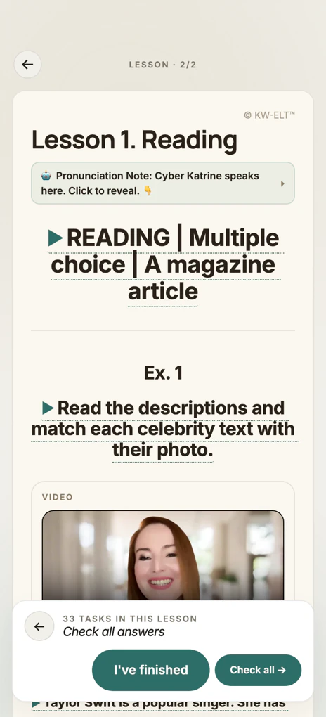 Reading a lesson in the KW ELT app