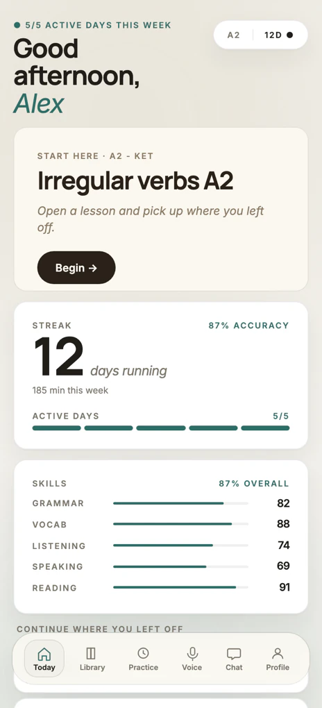 The Today dashboard in the KW ELT app