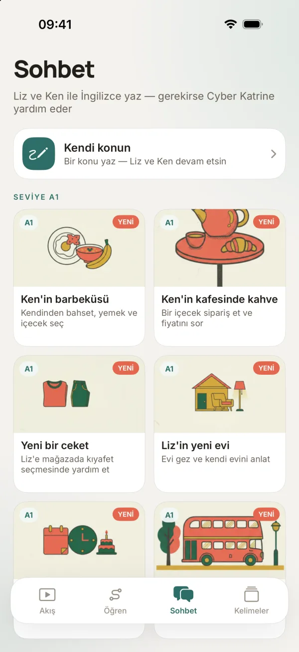Вкладка «Чат» на турецком: «Sohbet», «Kendi konun», плитки «Ken'in barbeküsü», «Ken'in kafesinde kahve», «Yeni bir ceket», «Liz'in yeni evi»