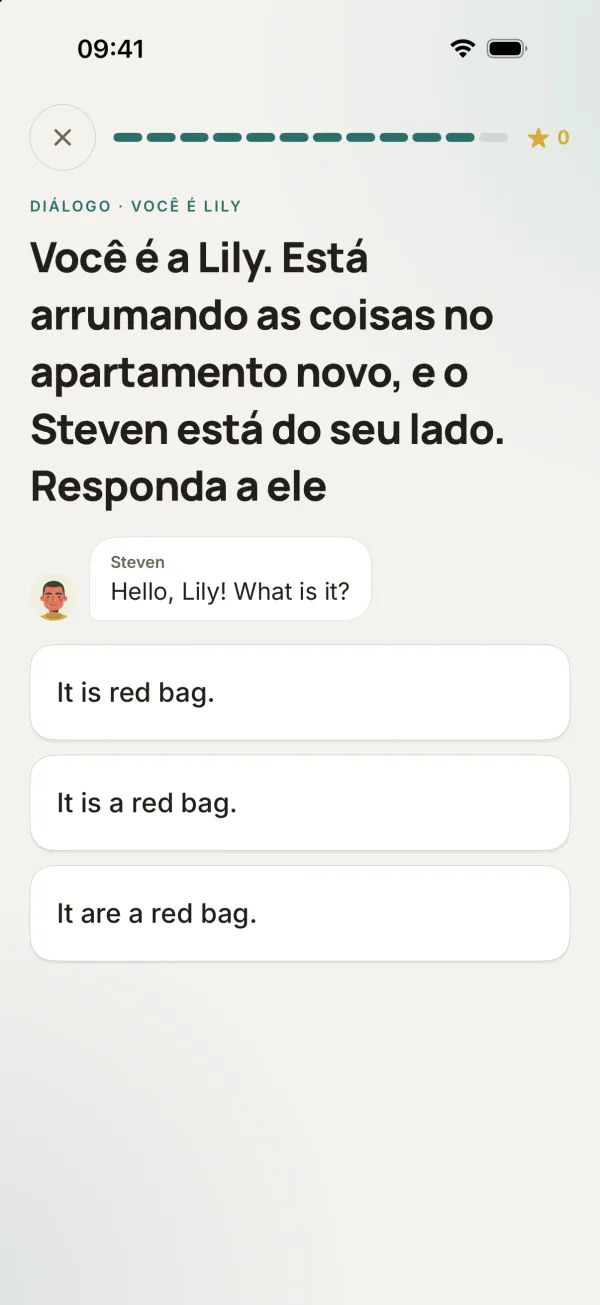 Exercício de diálogo: você é a Lily, o Steven pergunta “Hello, Lily! What is it?” e você escolhe uma de três respostas