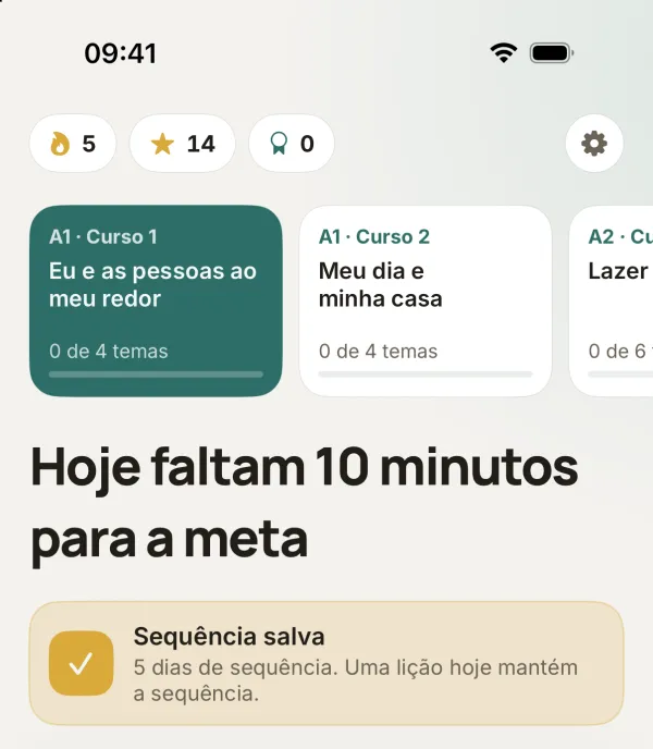 Topo da tela “Aprender”: sequência de 5 dias, 14 estrelas e o cartão “Sequência salva”