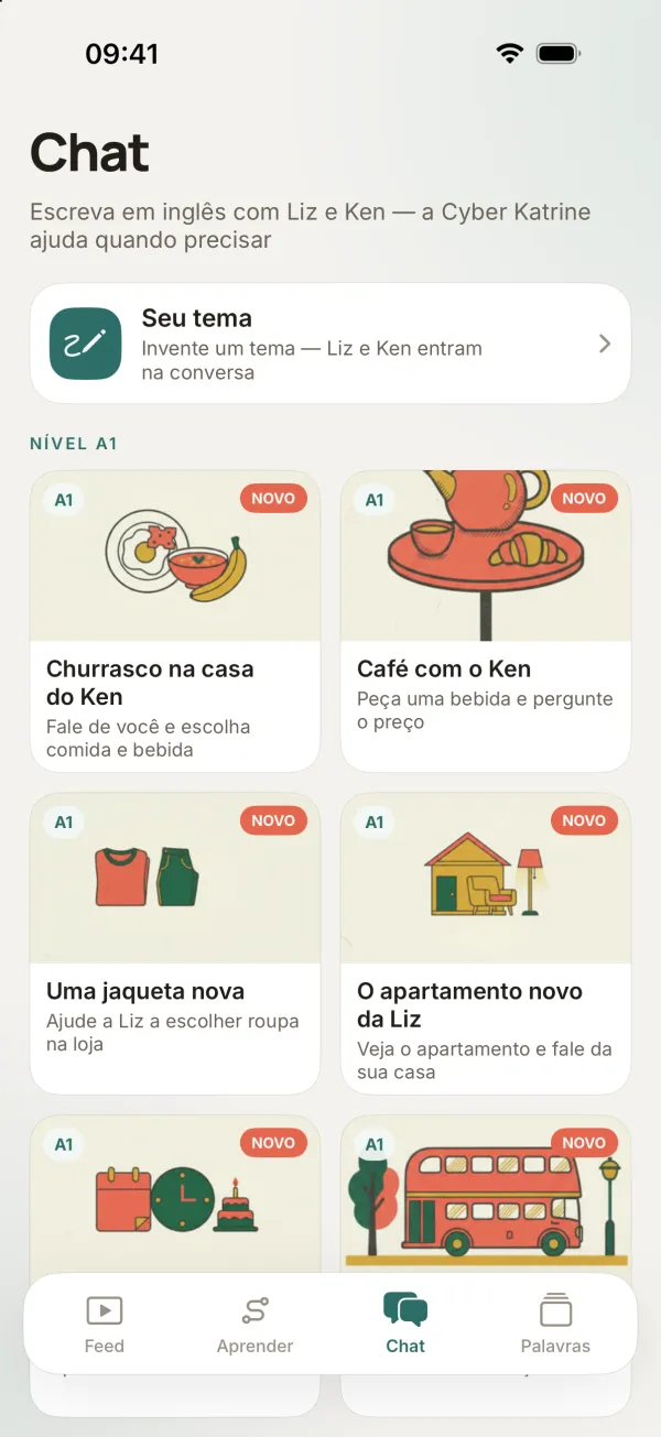 Portekizce arayüzlü sohbet sekmesi: «Chat», «Seu tema», «Churrasco na casa do Ken», «Café com o Ken», «Uma jaqueta nova», «O apartamento novo da Liz» kartları
