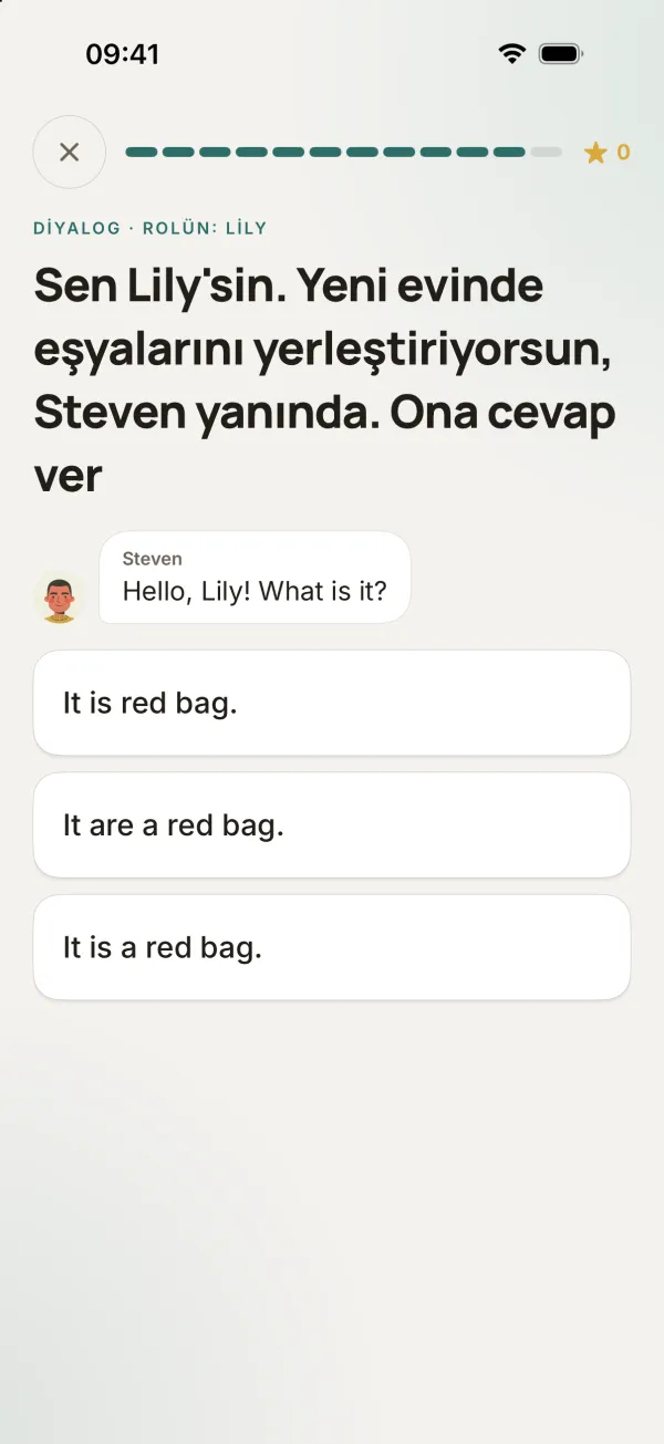 Diyalog alıştırması: sen Lily'sin, Steven «Hello, Lily! What is it?» diye soruyor; üç seçenekten birini seçiyorsun