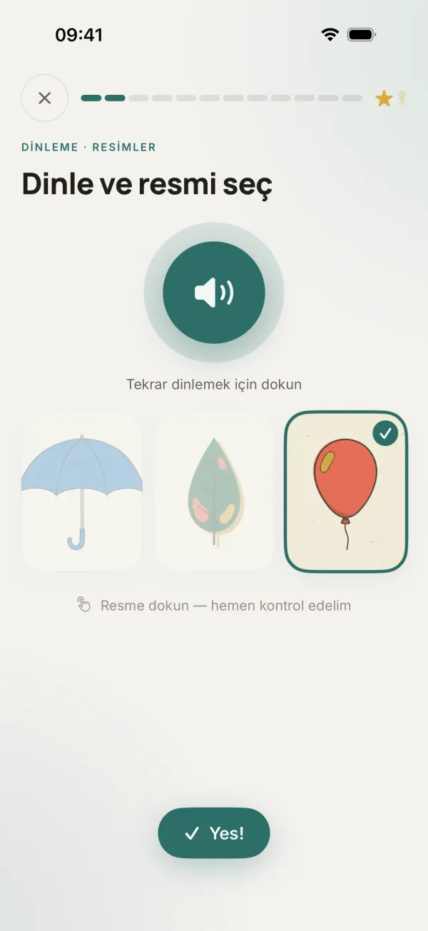 «Dinle ve resmi seç» alıştırması: dinleme butonu ve üç resim; kırmızı balon seçilmiş, cevap doğru