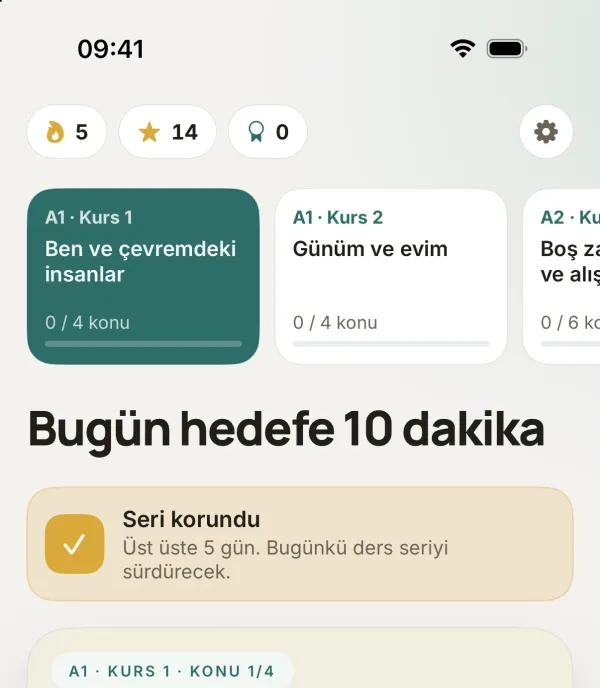 «Öğren» ekranının üstü: 5 günlük seri, 14 yıldız ve «Seri korundu» kartı